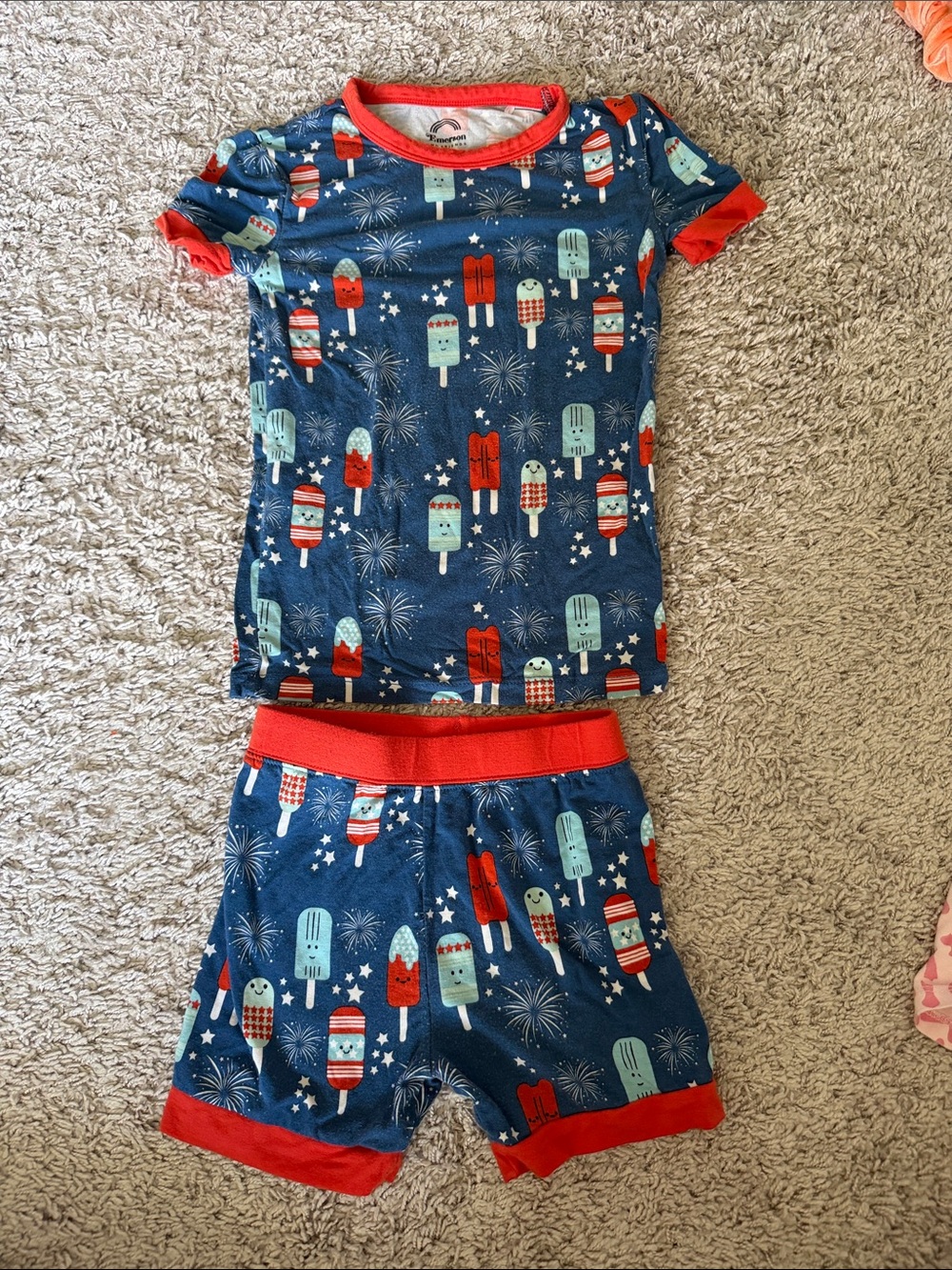 Kids Navy Popsicle Short Pajama Set with Red Trim